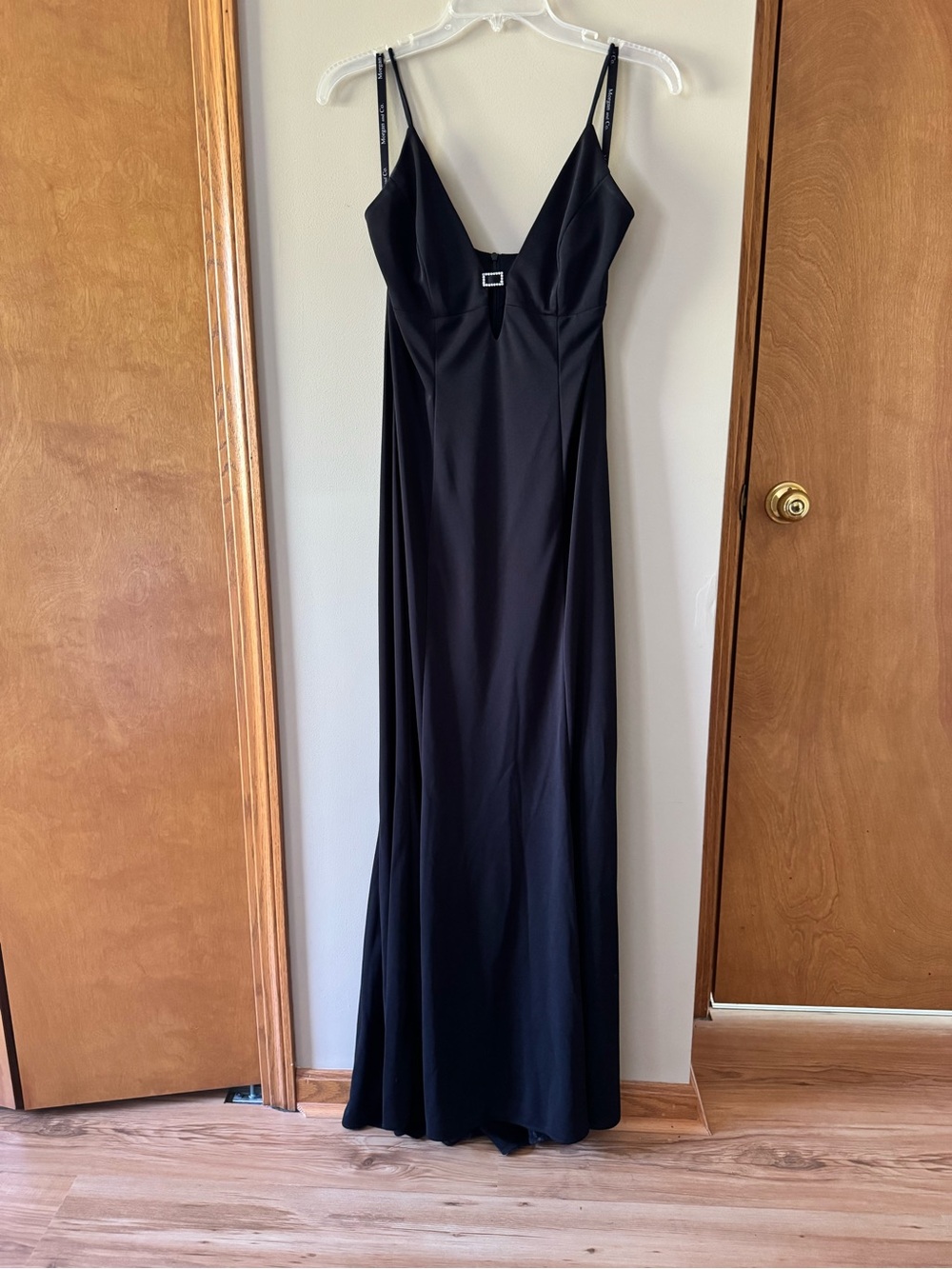 Black Spaghetti-Strap Plunge Neck Evening Dress